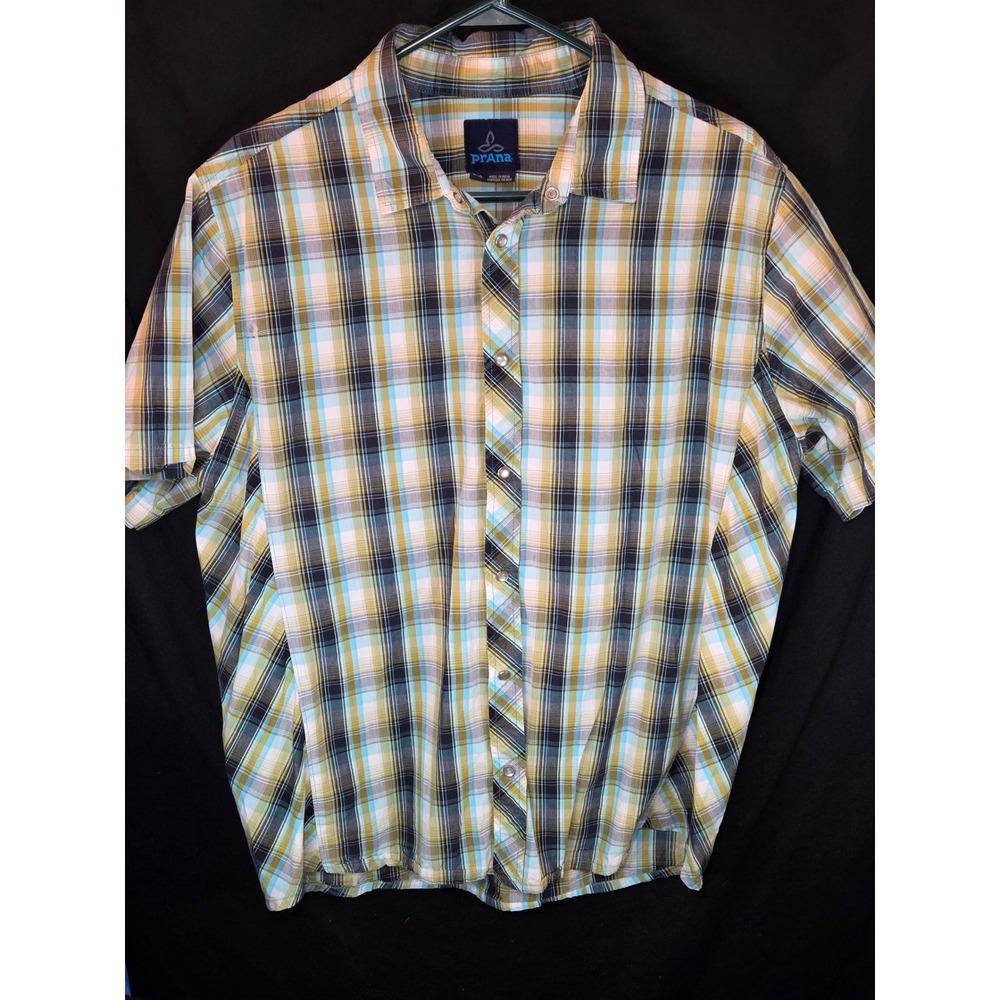 Prana Mens Short Sleeve Snap Front Plaid Shirt Blue Yellow Large L Hiking Travel